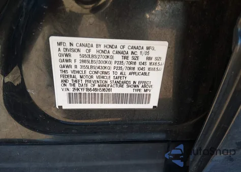 2006 Honda Pilot Ex-L from USA, damaged, VIN 2HKYF18646H516261